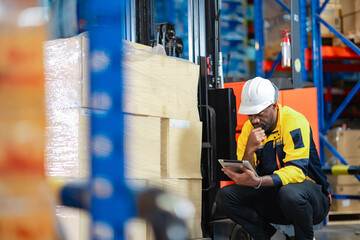 Forklift operator checking inventory in warehouse. Black male worker in uniform and helmet using...