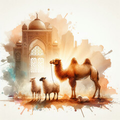 Watercolor painting depicting the atmosphere of Eid al-Adha full of warmth and meaning. Sacrificial animals such as camels, goats, and sheep are in a vast meadow, with a golden-domed mosque and a soft