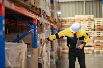 A white male warehouse worker carefully inspects items on a shelf while holding a laptop, focused...