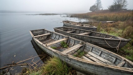 Obraz premium Old Wooden Boats on a Misty Shore