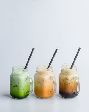 Thai Iced Tea, Coffee, and Green Tea in Mason Jars
