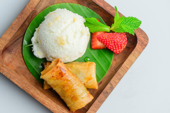 Thai Fried Banana with Ice Cream and Fresh Strawberries