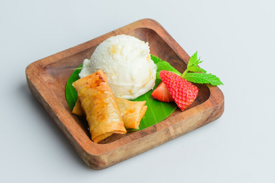 Thai Fried Banana with Ice Cream and Fresh Strawberries