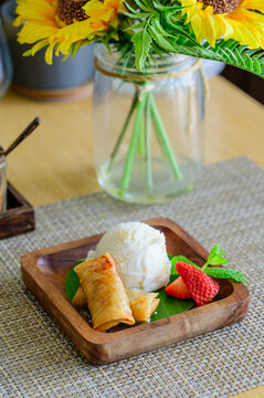 Thai Fried Banana with Ice Cream and Fresh Strawberries