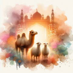 Watercolor painting depicting the atmosphere of Eid al-Adha full of warmth and meaning. Sacrificial animals such as camels, goats, and sheep are in a vast meadow, with a golden-domed mosque and a soft