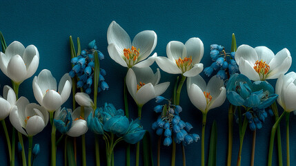 Snowdrops arranged in a creative layout on blue, symbolizing spring's delicate beauty and renewal.