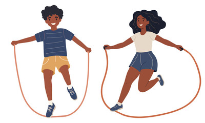 Illustration of a boy and a girl doing jumping rope. white backgrpund.