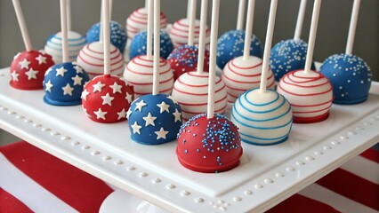 A delightful array of red, white, and blue cake pops on a decorative white platter.