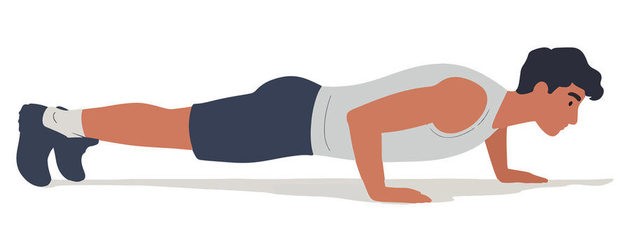 Illustration of  a man athlete in a push-up position centered. Flat vector style.
