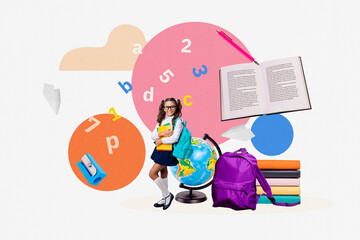 Sketch design trend poster photo collage of school age girl stand world map geography backpack pile...