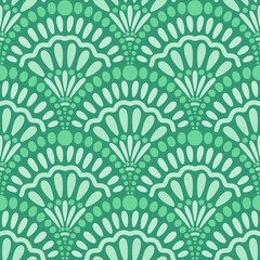 Scallop shape dotted seamless pattern in green colors. Monochromatic dots in hand drawn repeat endless background. Raster illustration for fabric, packaging, textile, apparel, wallpaper