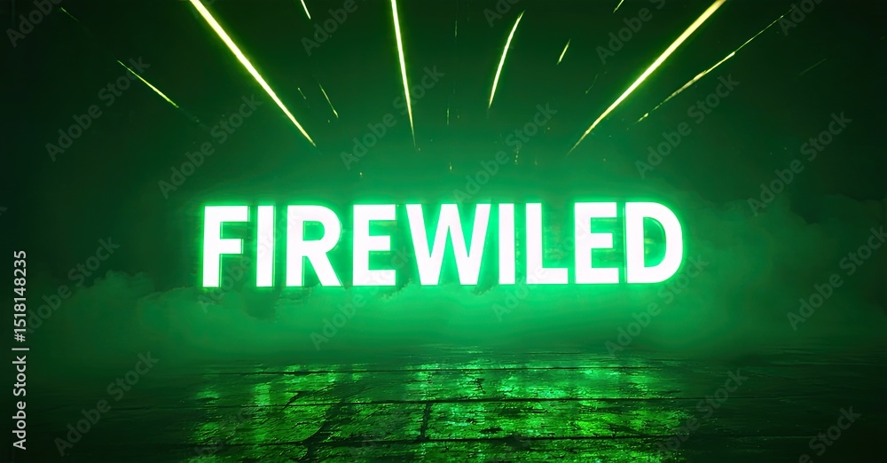 Poster bright green text firewiled glows above dark surface. rays emanate from letters, creating dramatic e