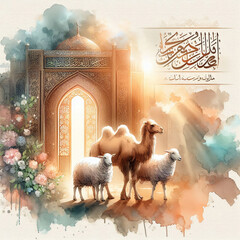 Eid al-Adha Celebration Mosque, Camel, and Sheep in Watercolor