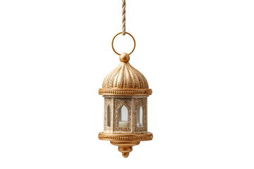 PNG Elegant gold lantern hanging on rope with intricate patterns and clear panels