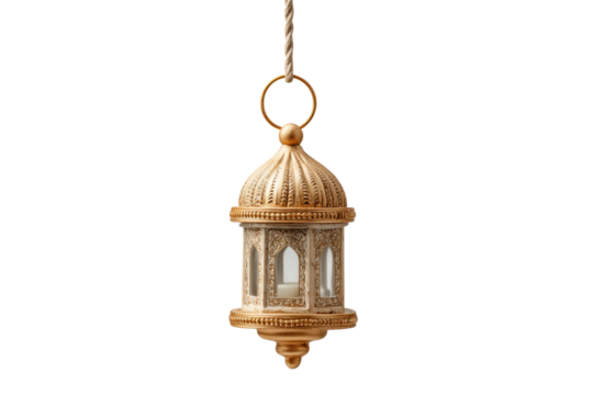 PNG Elegant gold lantern hanging on rope with intricate patterns and clear panels