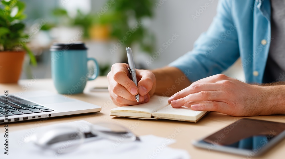 Poster writing notes and ideas in a notebook while working in a bright, modern workspace in the morning