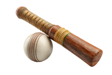 PNG Close-up of a traditional wooden cricket bat and leather cricket ball
