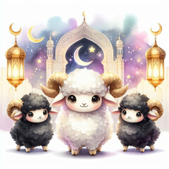 Eid al-Adha Celebration with Cute Rams and Mosque