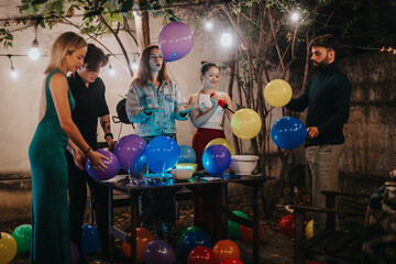 Five people preparing for a festive birthday party outdoors, arranging colorful balloons and...