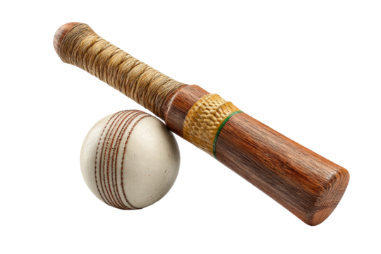PNG Close-up of a traditional wooden cricket bat and leather cricket ball