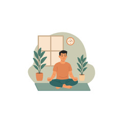 Flat Design Illustration of a Man Meditating at Home for Mental Health and Wellness
