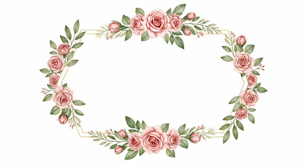 Fototapeta premium Pink Roses and Green Leaves Oval Frame with Gold Accents