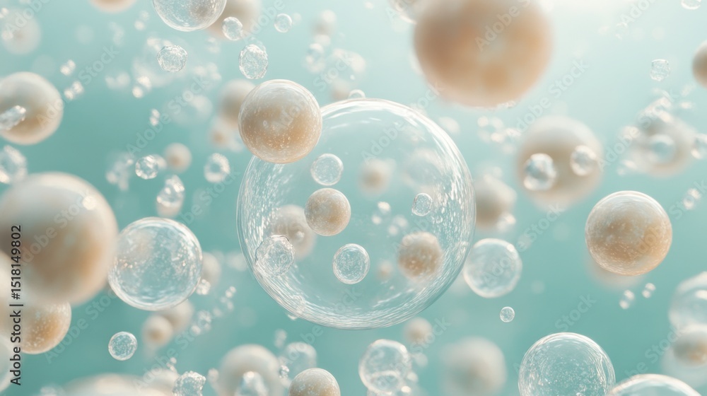 Poster floating spheres with shiny surfaces on light blue. translucent bubbles of various sizes, some conta