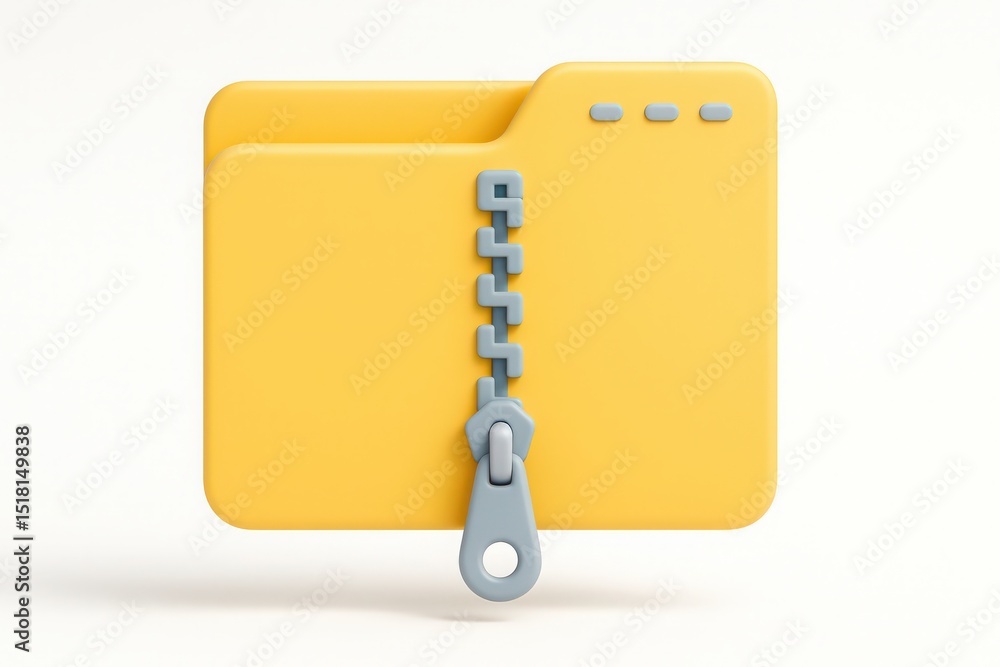 Poster 3d rendered yellow folder with zipper symbol representing data archive compression and secure inform