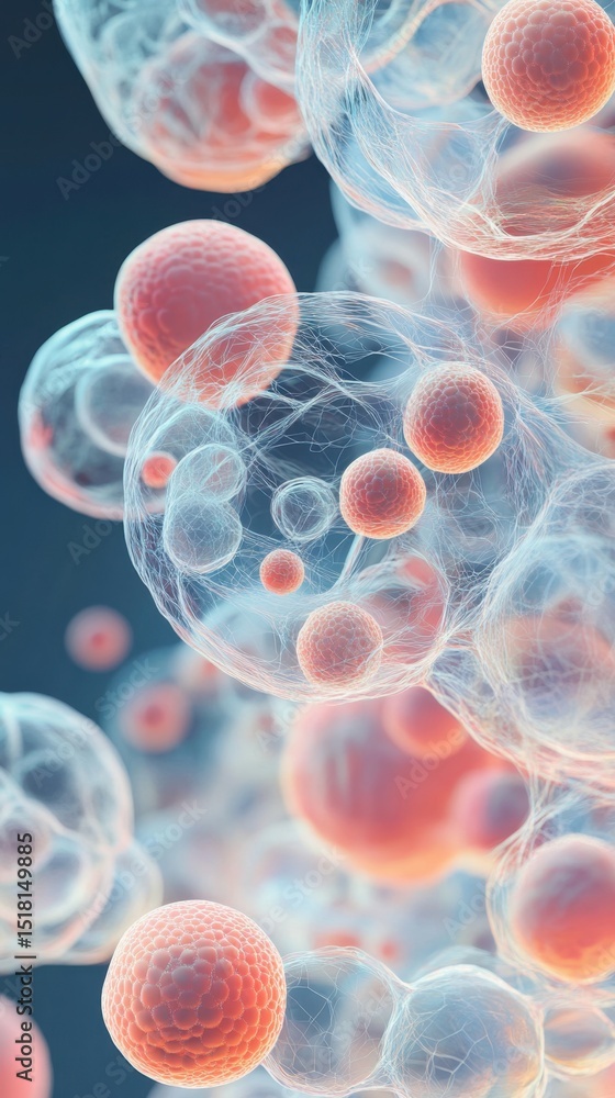 Poster floating spheres. abstract network with translucent shapes. microscopic view of cells flowing. molec