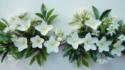 White jasmine flower with green leaves isolated on a white background for floral display