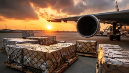 Large cargo packages are loaded onto an airplane at sunset, highlighting global air freight operations at an airport.