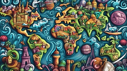 Obraz premium World map illustration with detailed stylized depictions of landmarks.
