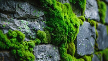 Obraz premium Green moss-covered stone wall texture at Fort Rotterdam, Makassar - Indonesia