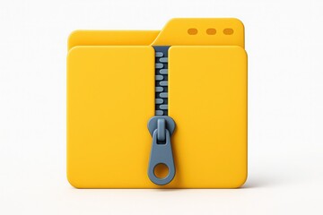 A vibrant yellow digital folder with a closed zipper illustrating data storage and file compression concept