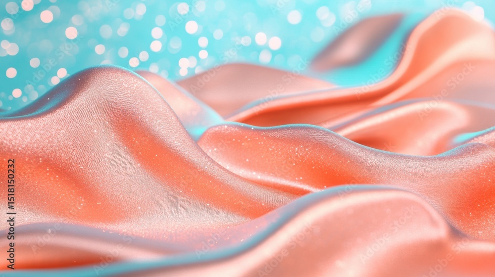 Poster smooth peach colored fabric forms gentle waves against a bright aqua background with sparkling light