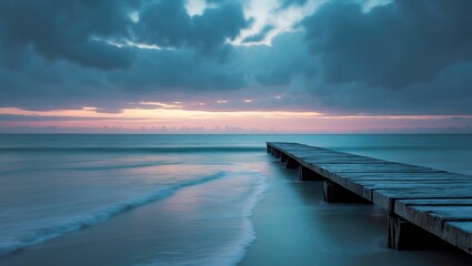 Obraz premium Sunrise over a misty wooden bridge at dawn with long exposure effects