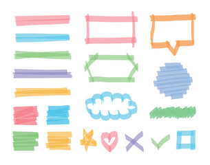 A hand-drawn doodle set of colorful shapes including speech bubbles, stars, hearts, clouds, underlines, slashes, and important check marks. Deco illustrations drawn with a highlighter fan.