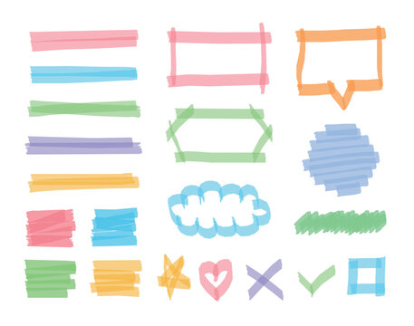 A hand-drawn doodle set of colorful shapes including speech bubbles, stars, hearts, clouds, underlines, slashes, and important check marks. Deco illustrations drawn with a highlighter fan.
