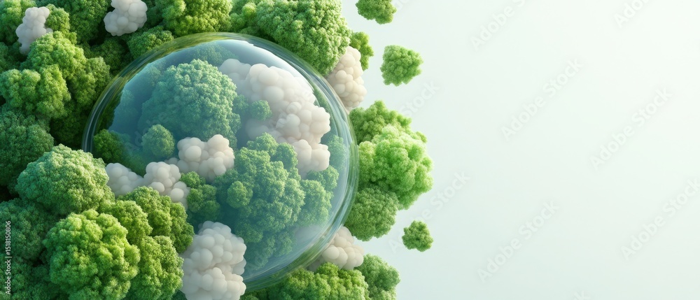 Poster abstract shapes form green and white structures. a clear bubble contains some clusters. light backgr