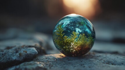 Crystal Sphere Reflecting Nature on a Rocky Surface at Golden Sunset