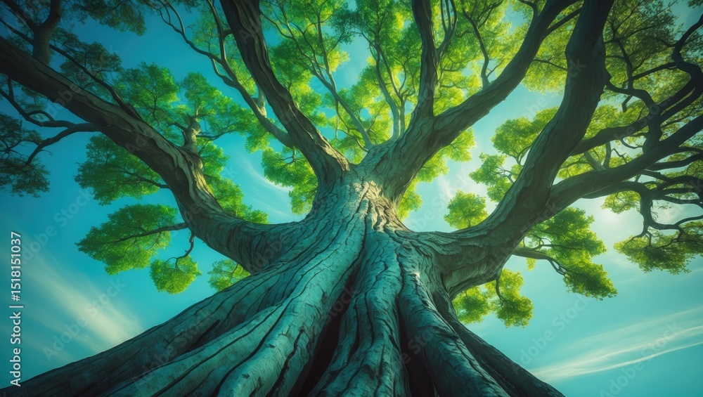 Poster tree trunk view from below against a bright summer sky