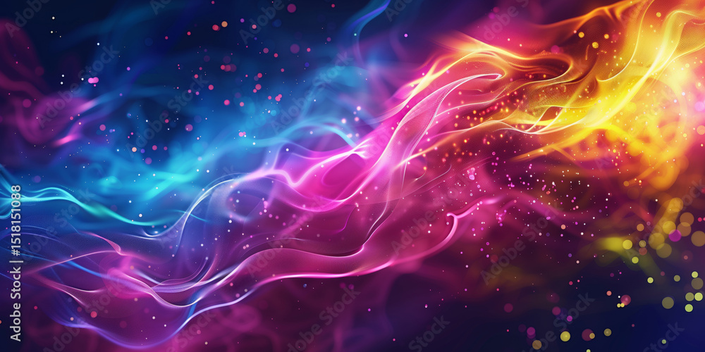 Poster abstract flowing wave of colorful energy lines in blue, pink, and yellow on a dark background, symbo