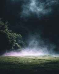 Obraz premium A misty clearing is surrounded by trees in this nature scene, with fog rolling over the grass. A moody scene is set for a forest clearing.