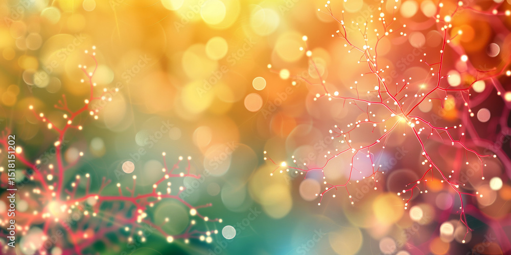 Poster abstract background with soft bokeh lights and glowing red neural branches spreading across a warm, 