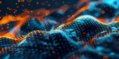 Futuristic abstract landscape composed of glowing orange and blue mesh lines and particles, representing digital networks and data flow across a dynamic 3D surface.