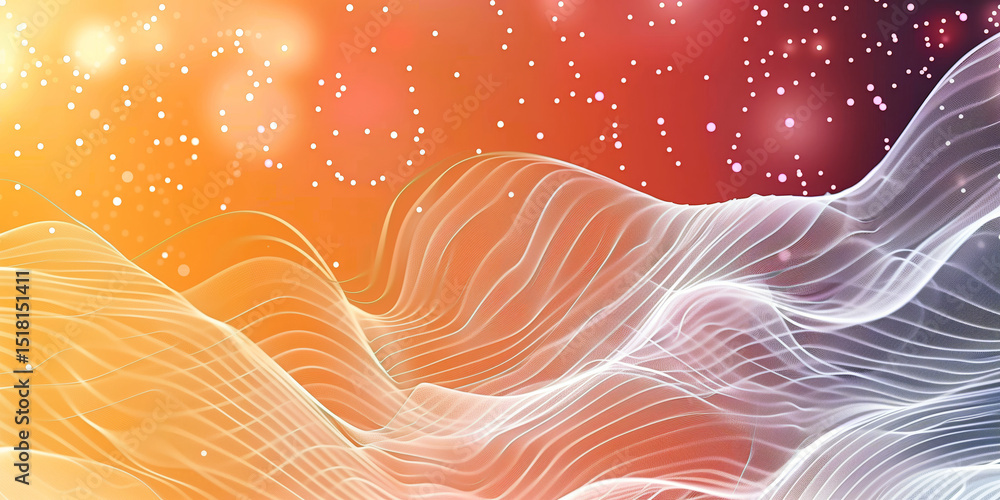 Poster abstract digital landscape with flowing white mesh wave structures over a warm gradient background o