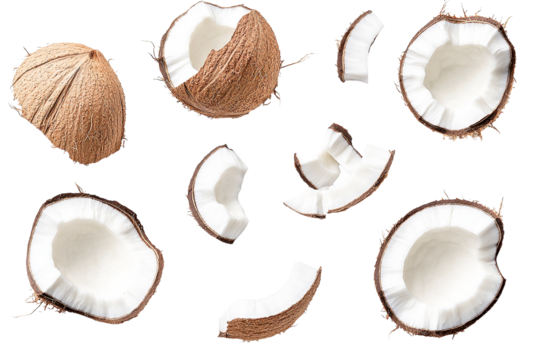 Floating coconut halves and pieces in air isolated on transparent PNG