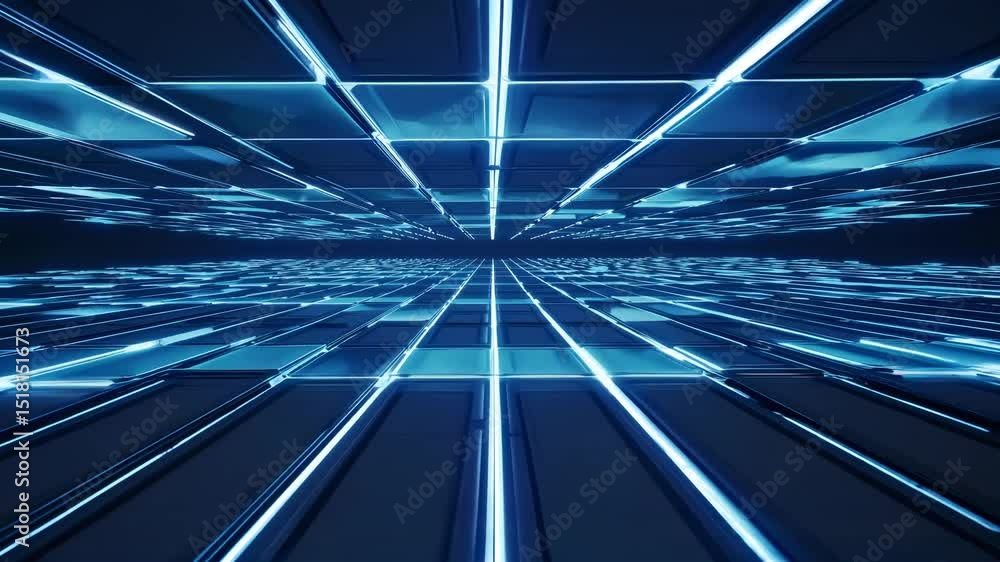 Poster glowing blue lines expand on a digital cyberspace grid, creating a futuristic and technological visu