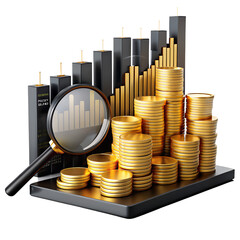Golden coin stacks on a financial growth chart, representing wealth, banking, and market investment