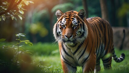 Obraz premium Close-up of a Sumatra tiger in grass, staring intently at the lens